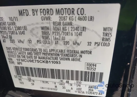 2012 Ford Escape Limited z USA, uszkodzony, nr VIN 1FMCU9E75CKB11093